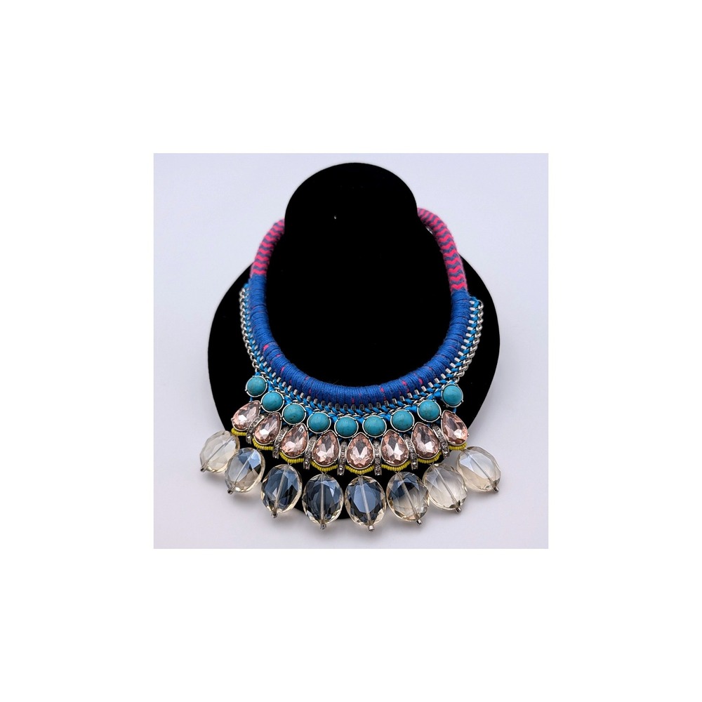 Lydell NYC Statement Bib Necklace Blue Pink Cord Turquoise Champagne Crystals